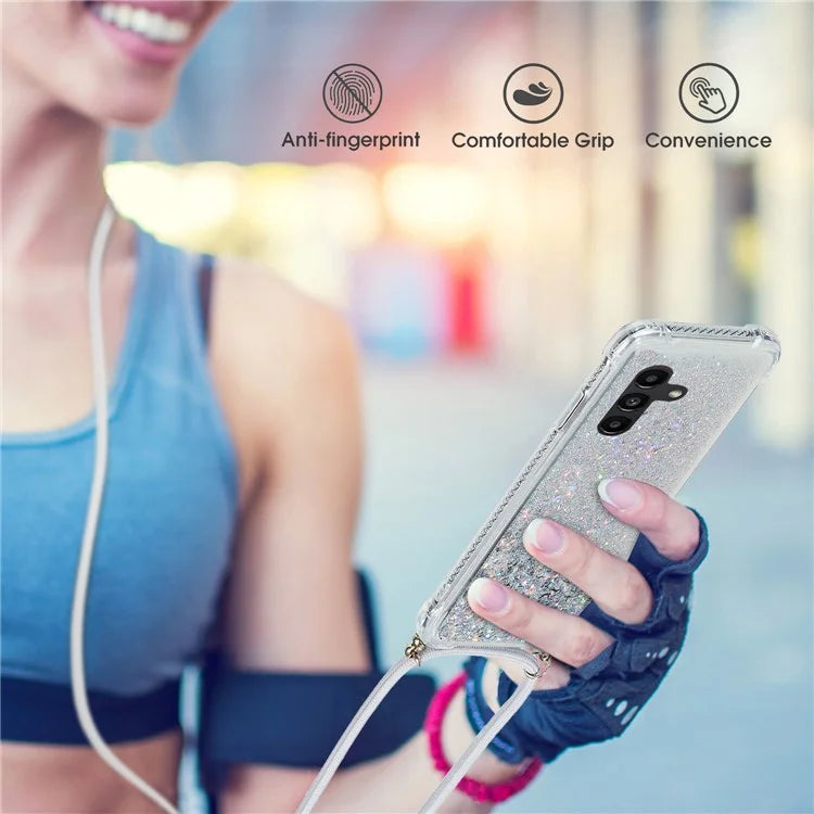 For Samsung Galaxy A14 5G Case Clear Quicksand Glitter Flowing Liquid TPU Phone Protector with Lanyard