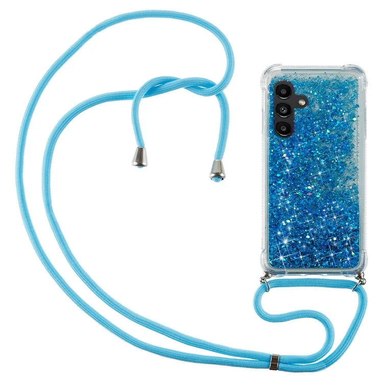 For Samsung Galaxy A14 5G Case Clear Quicksand Glitter Flowing Liquid TPU Phone Protector with Lanyard