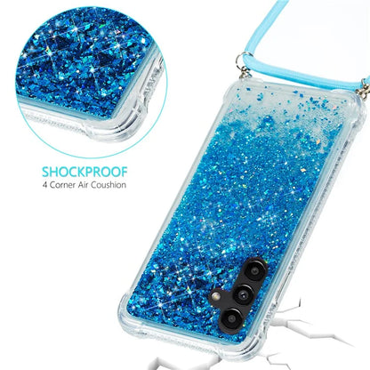 For Samsung Galaxy A14 5G Case Clear Quicksand Glitter Flowing Liquid TPU Phone Protector with Lanyard