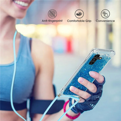 For Samsung Galaxy A14 5G Case Clear Quicksand Glitter Flowing Liquid TPU Phone Protector with Lanyard