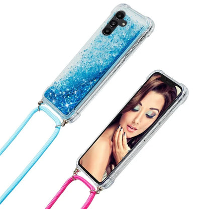 For Samsung Galaxy A14 5G Case Clear Quicksand Glitter Flowing Liquid TPU Phone Protector with Lanyard