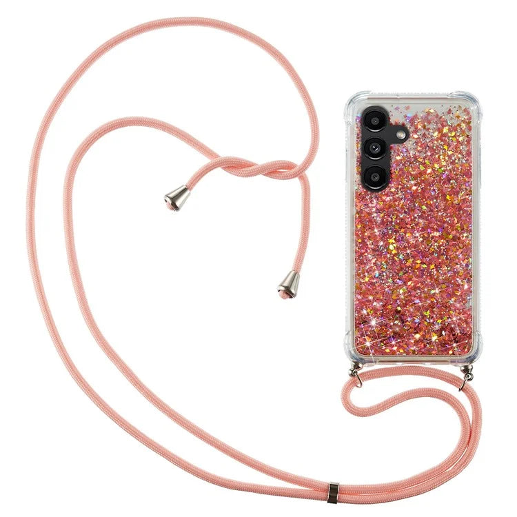 For Samsung Galaxy A14 5G Case Clear Quicksand Glitter Flowing Liquid TPU Phone Protector with Lanyard