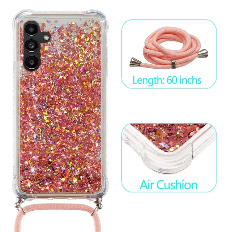 For Samsung Galaxy A14 5G Case Clear Quicksand Glitter Flowing Liquid TPU Phone Protector with Lanyard