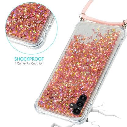 For Samsung Galaxy A14 5G Case Clear Quicksand Glitter Flowing Liquid TPU Phone Protector with Lanyard
