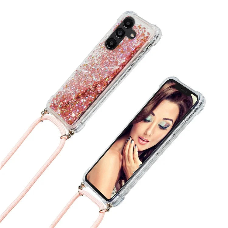 For Samsung Galaxy A14 5G Case Clear Quicksand Glitter Flowing Liquid TPU Phone Protector with Lanyard