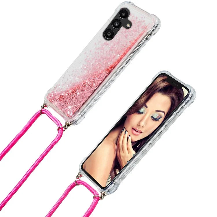 For Samsung Galaxy A14 5G Case Clear Quicksand Glitter Flowing Liquid TPU Phone Protector with Lanyard