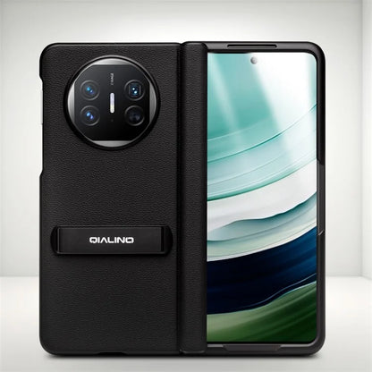 QIALINO For Huawei Mate X5 Case Anti-drop Genuine Cow Leather+PC Kickstand Phone Cover with Tempered Glass Film