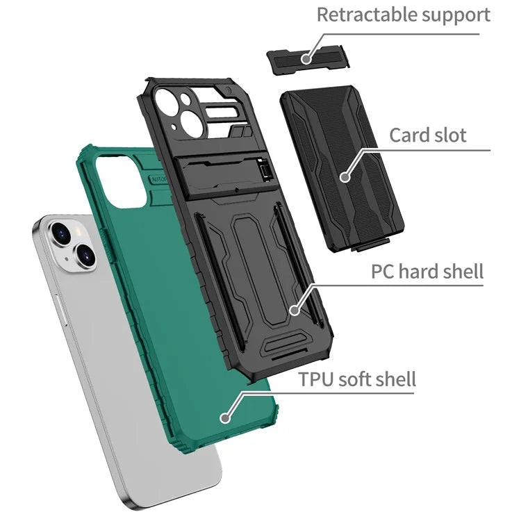 For iPhone 15 Case Anti-scratch PC+TPU Cellphone Shell Cover with Kickstandish Green