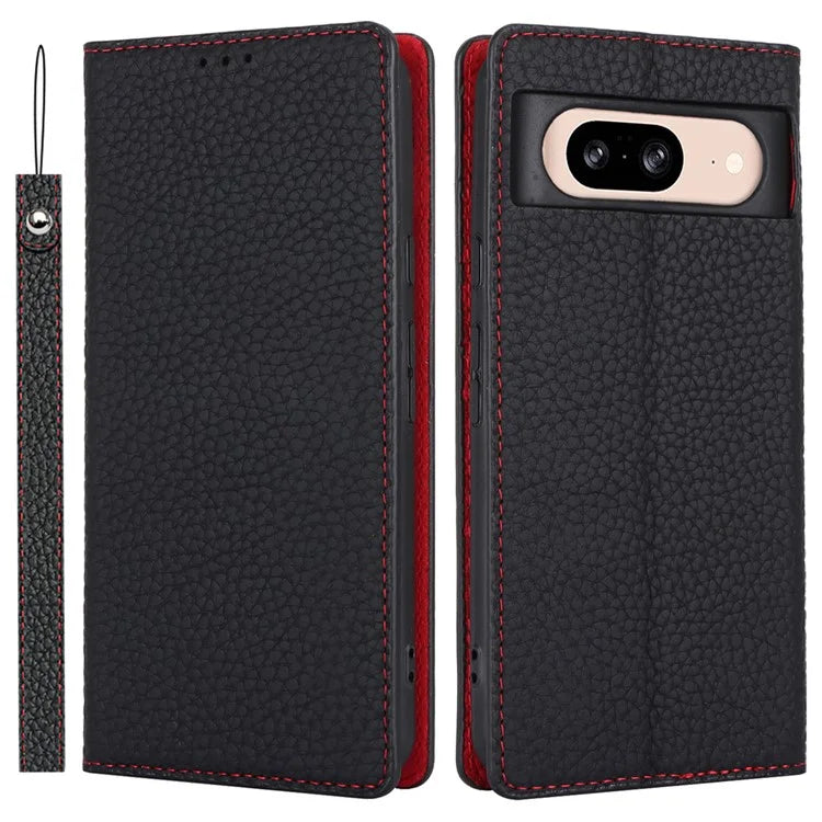 For Google Pixel 8 Case Litchi Texture Anti-scratch Genuine Cow Leather Phone Cover with Strap