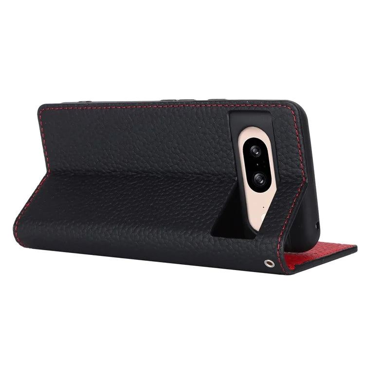 For Google Pixel 8 Case Litchi Texture Anti-scratch Genuine Cow Leather Phone Cover with Strap