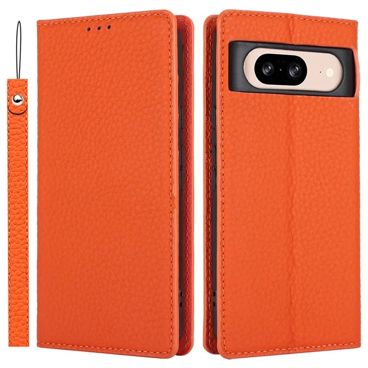 For Google Pixel 8 Case Litchi Texture Anti-scratch Genuine Cow Leather Phone Cover with Strap