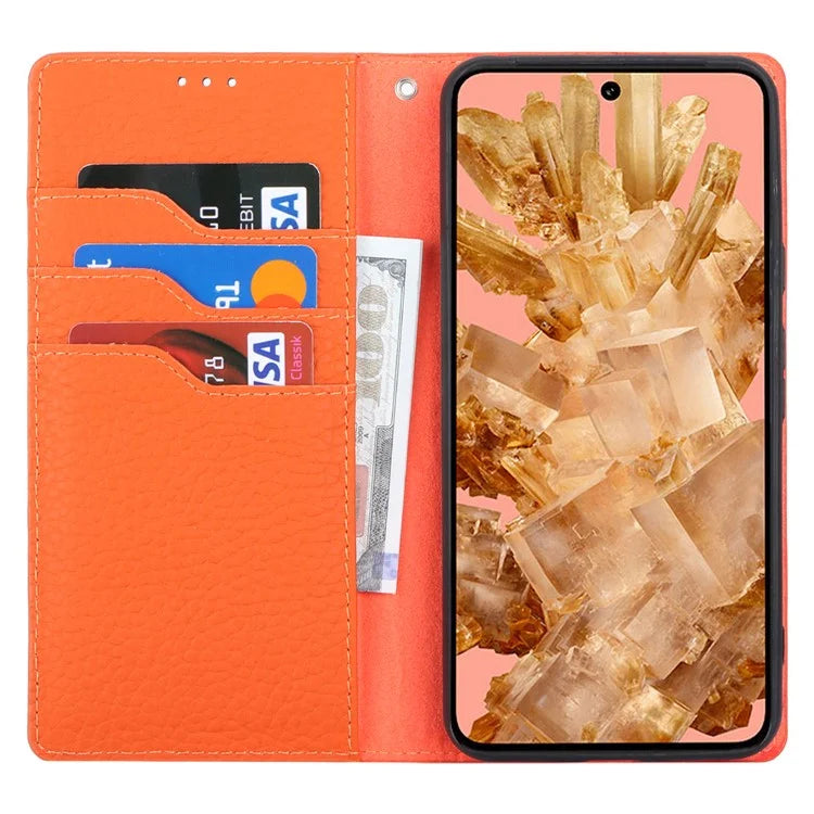 For Google Pixel 8 Case Litchi Texture Anti-scratch Genuine Cow Leather Phone Cover with Strap