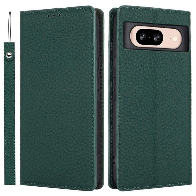For Google Pixel 8 Case Litchi Texture Anti-scratch Genuine Cow Leather Phone Cover with Strap