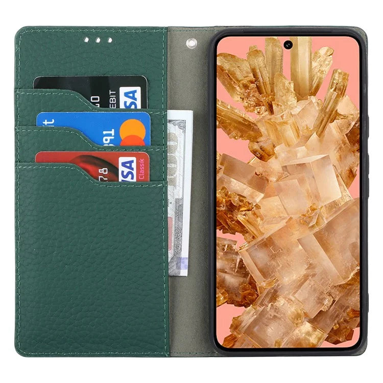 For Google Pixel 8 Case Litchi Texture Anti-scratch Genuine Cow Leather Phone Cover with Strap