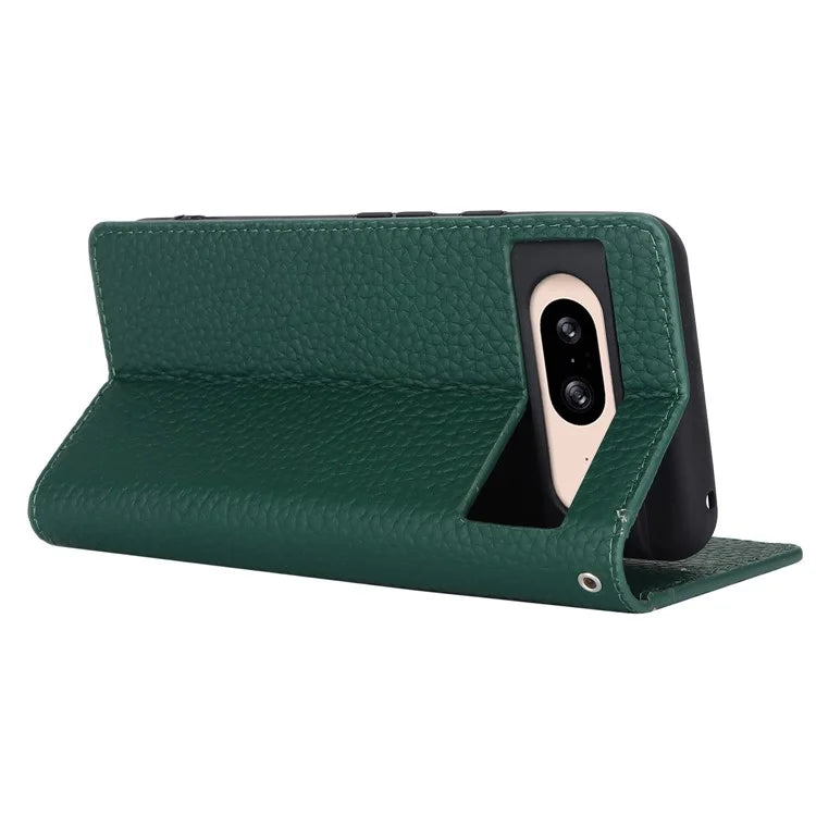 For Google Pixel 8 Case Litchi Texture Anti-scratch Genuine Cow Leather Phone Cover with Strap