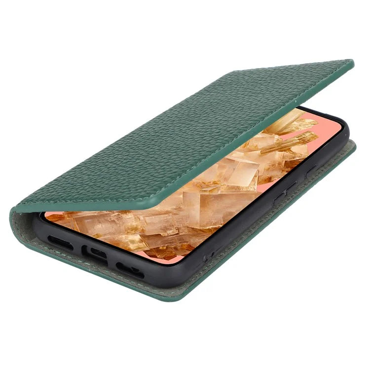 For Google Pixel 8 Case Litchi Texture Anti-scratch Genuine Cow Leather Phone Cover with Strap