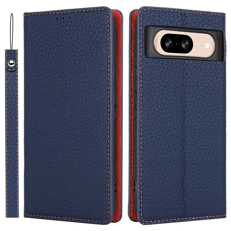For Google Pixel 8 Case Litchi Texture Anti-scratch Genuine Cow Leather Phone Cover with Strap