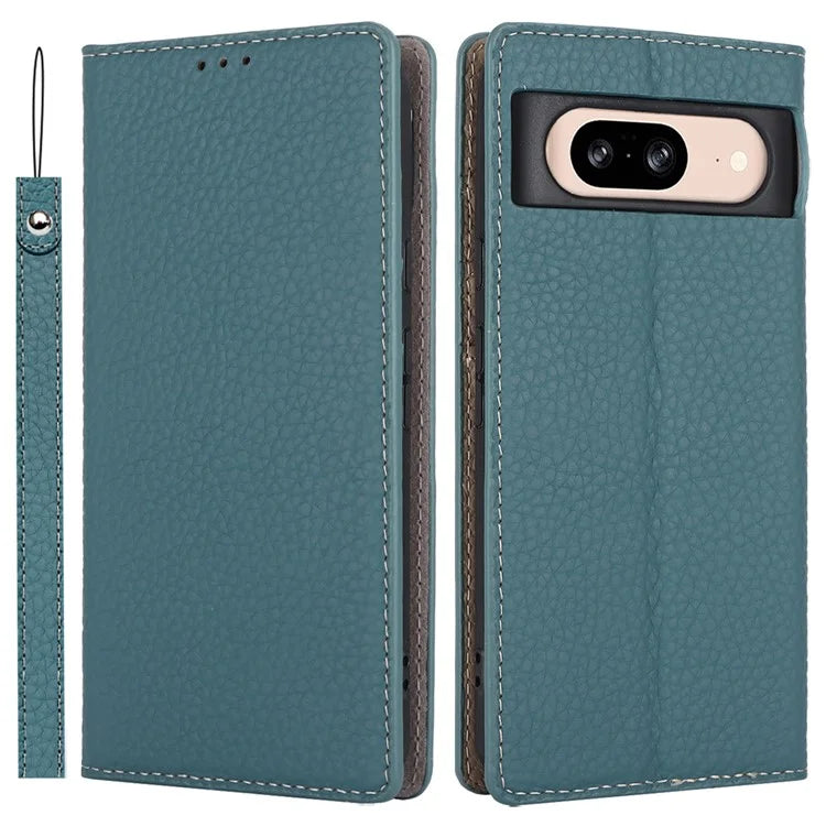 For Google Pixel 8 Case Litchi Texture Anti-scratch Genuine Cow Leather Phone Cover with Strap