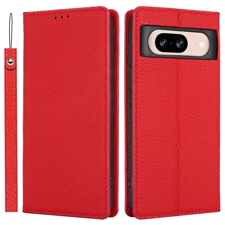 For Google Pixel 8 Case Litchi Texture Anti-scratch Genuine Cow Leather Phone Cover with Strap