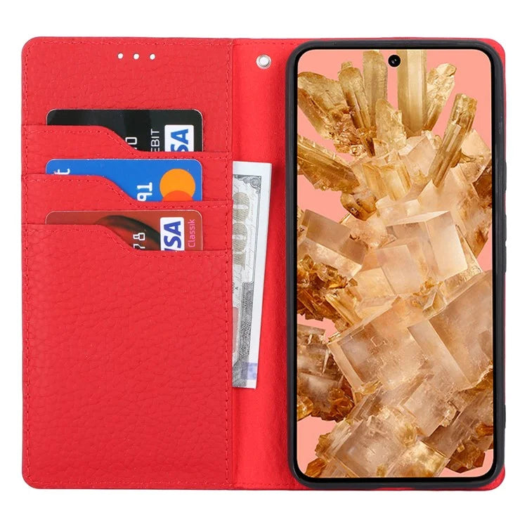 For Google Pixel 8 Case Litchi Texture Anti-scratch Genuine Cow Leather Phone Cover with Strap