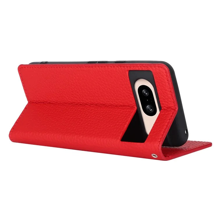 For Google Pixel 8 Case Litchi Texture Anti-scratch Genuine Cow Leather Phone Cover with Strap