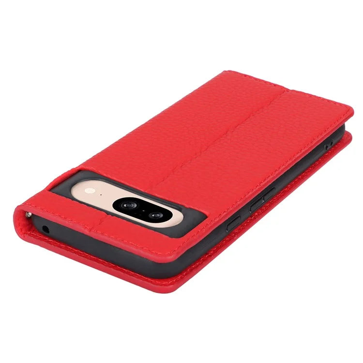 For Google Pixel 8 Case Litchi Texture Anti-scratch Genuine Cow Leather Phone Cover with Strap