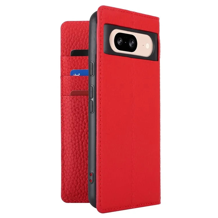 For Google Pixel 8 Case Litchi Texture Anti-scratch Genuine Cow Leather Phone Cover with Strap