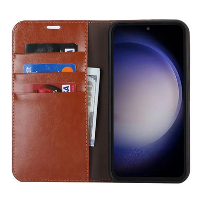 For Samsung Galaxy S23 FE Case Crazy Horse Texture Genuine Split Leather Phone Cover with Stand and Wallet
