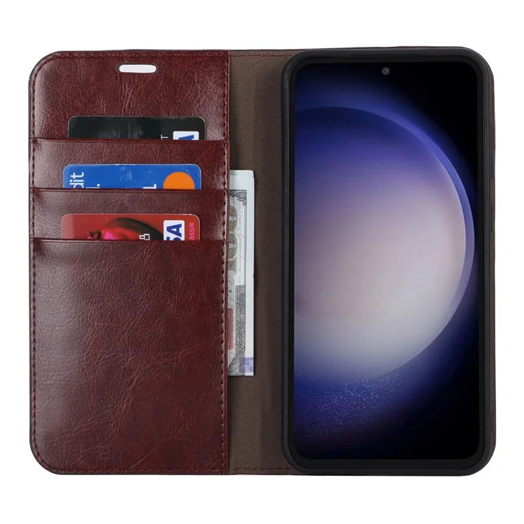 For Samsung Galaxy S23 FE Case Crazy Horse Texture Genuine Split Leather Phone Cover with Stand and Wallet