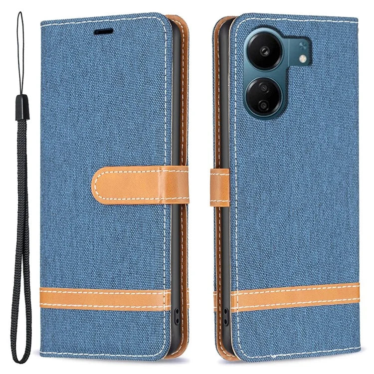 For Xiaomi Redmi 13C 4G / Poco C65 4G Case Jeans Cloth Splicing Stand PU Leather Cellphone Cover