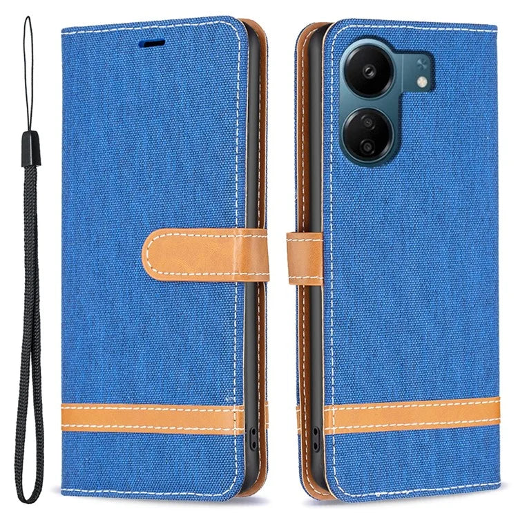 For Xiaomi Redmi 13C 4G / Poco C65 4G Case Jeans Cloth Splicing Stand PU Leather Cellphone Cover
