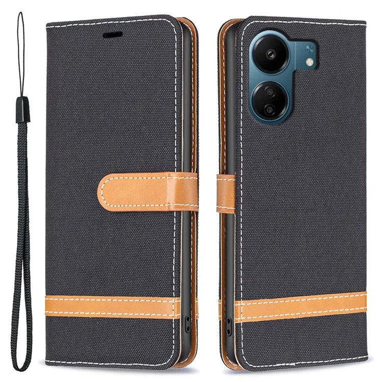 For Xiaomi Redmi 13C 4G / Poco C65 4G Case Jeans Cloth Splicing Stand PU Leather Cellphone Cover