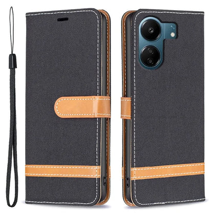 For Xiaomi Redmi 13C 4G / Poco C65 4G Case Jeans Cloth Splicing Stand PU Leather Cellphone Cover