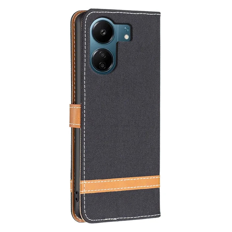 For Xiaomi Redmi 13C 4G / Poco C65 4G Case Jeans Cloth Splicing Stand PU Leather Cellphone Cover