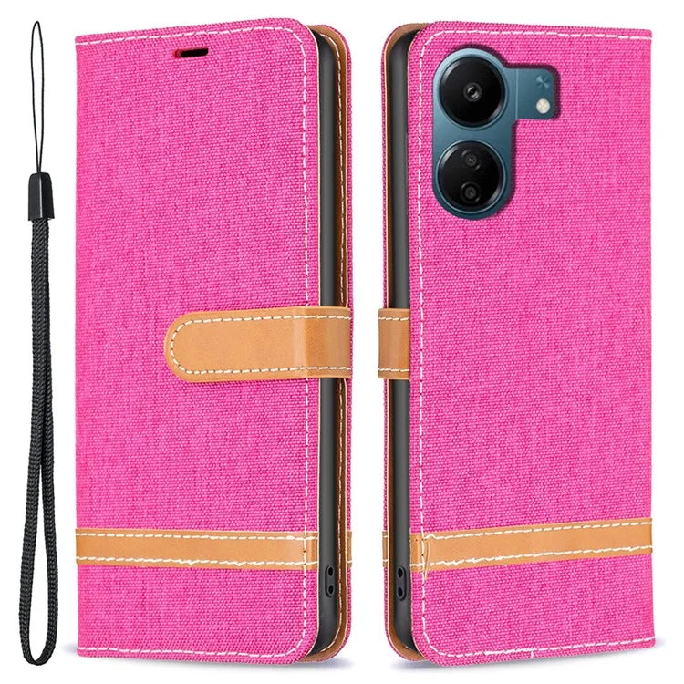 For Xiaomi Redmi 13C 4G / Poco C65 4G Case Jeans Cloth Splicing Stand PU Leather Cellphone Cover