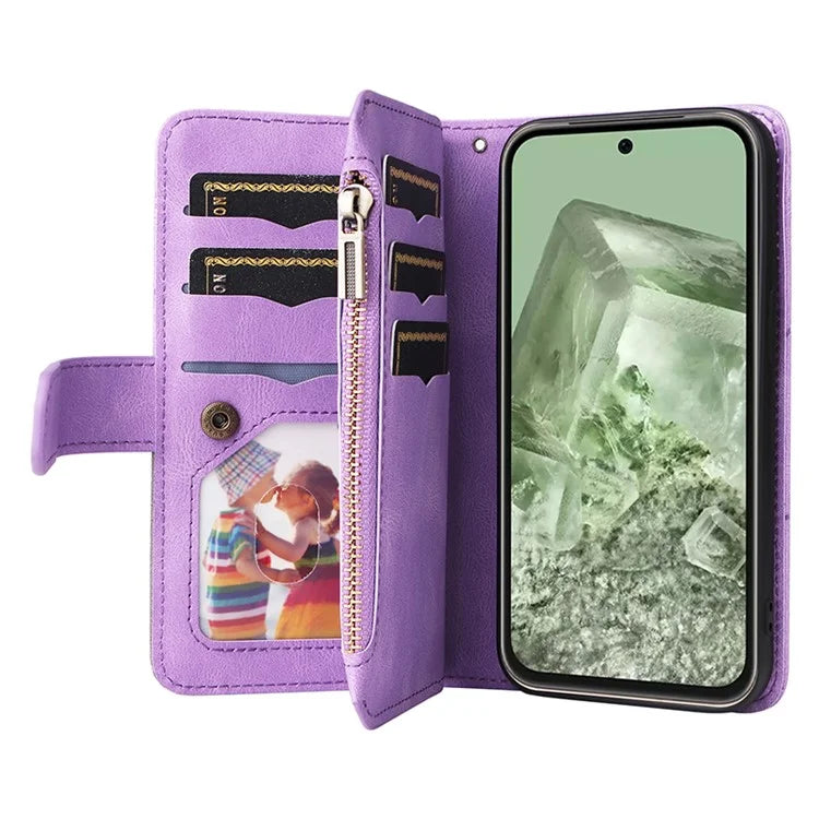KT Multi-function Series-5 For Google Pixel 8a Zipper Splicing Wallet Stand Phone Case Leather Cover with 9 Card Slots