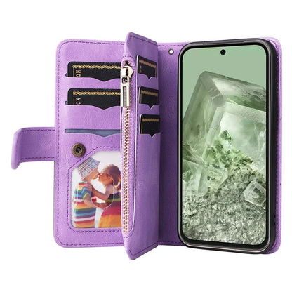 KT Multi-function Series-5 For Google Pixel 8a Zipper Splicing Wallet Stand Phone Case Leather Cover with 9 Card Slots
