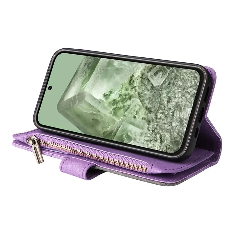KT Multi-function Series-5 For Google Pixel 8a Zipper Splicing Wallet Stand Phone Case Leather Cover with 9 Card Slots