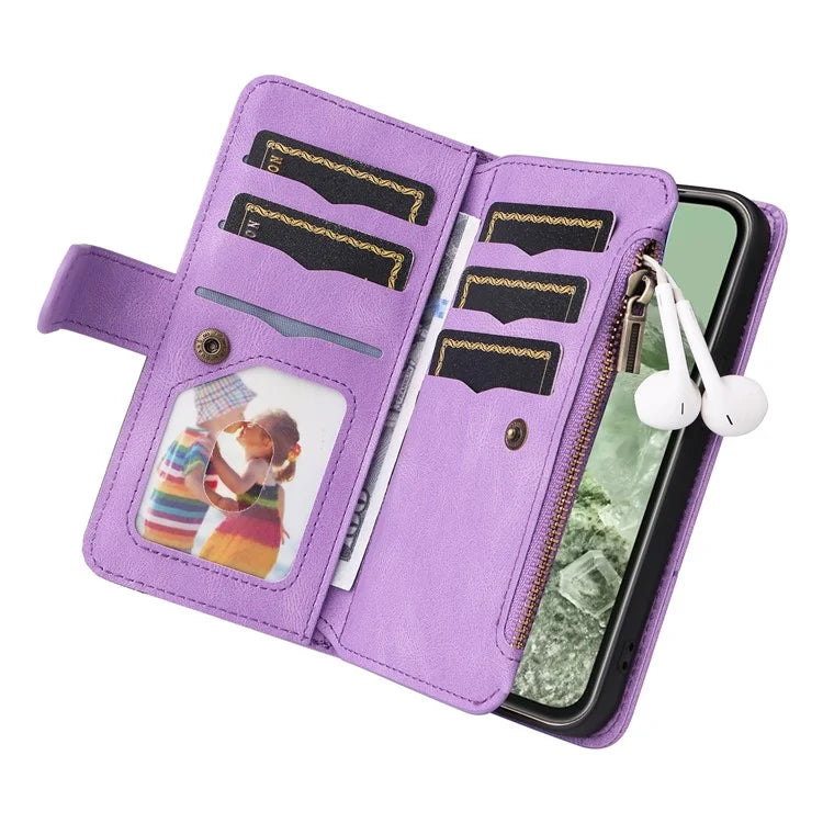 KT Multi-function Series-5 For Google Pixel 8a Zipper Splicing Wallet Stand Phone Case Leather Cover with 9 Card Slots