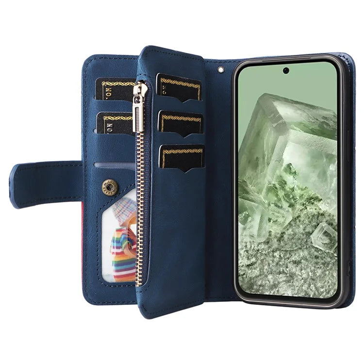 KT Multi-function Series-5 For Google Pixel 8a Zipper Splicing Wallet Stand Phone Case Leather Cover with 9 Card Slots