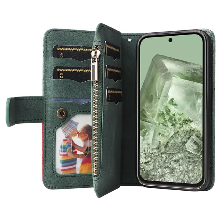 KT Multi-function Series-5 For Google Pixel 8a Zipper Splicing Wallet Stand Phone Case Leather Cover with 9 Card Slots