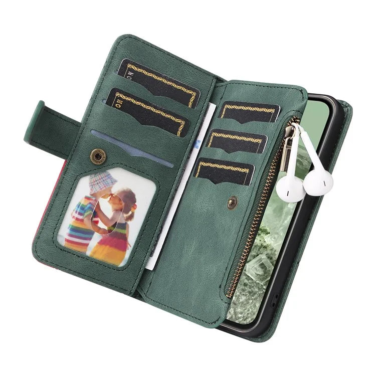 KT Multi-function Series-5 For Google Pixel 8a Zipper Splicing Wallet Stand Phone Case Leather Cover with 9 Card Slots