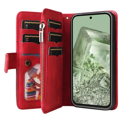 KT Multi-function Series-5 For Google Pixel 8a Zipper Splicing Wallet Stand Phone Case Leather Cover with 9 Card Slots