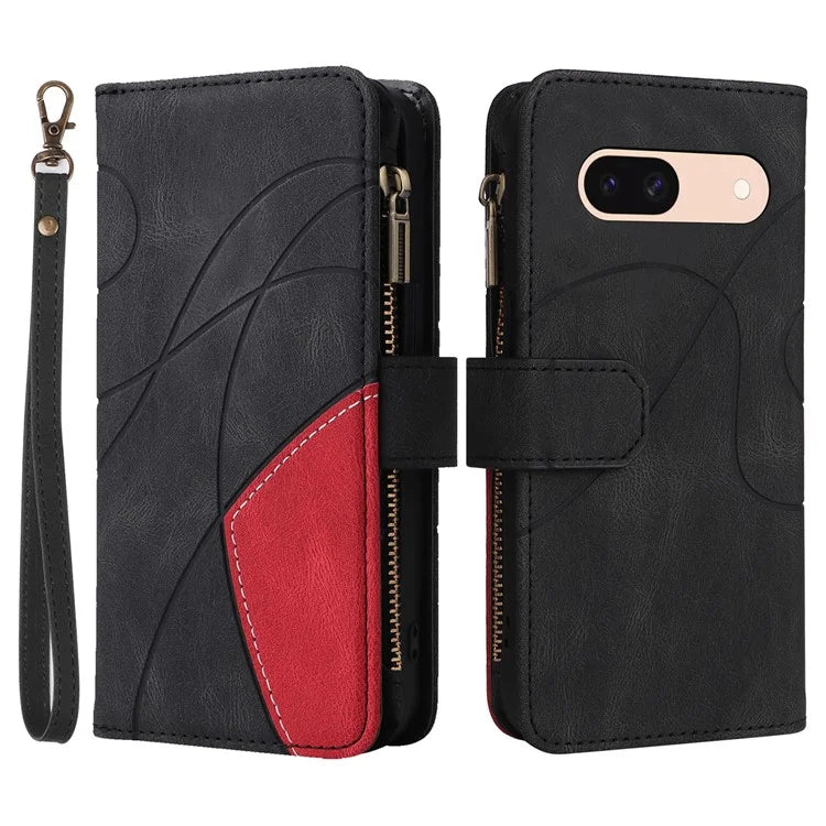 KT Multi-function Series-5 For Google Pixel 8a Zipper Splicing Wallet Stand Phone Case Leather Cover with 9 Card Slots