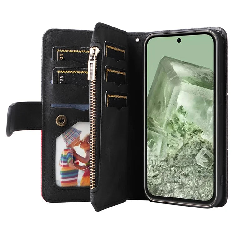 KT Multi-function Series-5 For Google Pixel 8a Zipper Splicing Wallet Stand Phone Case Leather Cover with 9 Card Slots