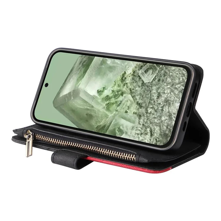 KT Multi-function Series-5 For Google Pixel 8a Zipper Splicing Wallet Stand Phone Case Leather Cover with 9 Card Slots