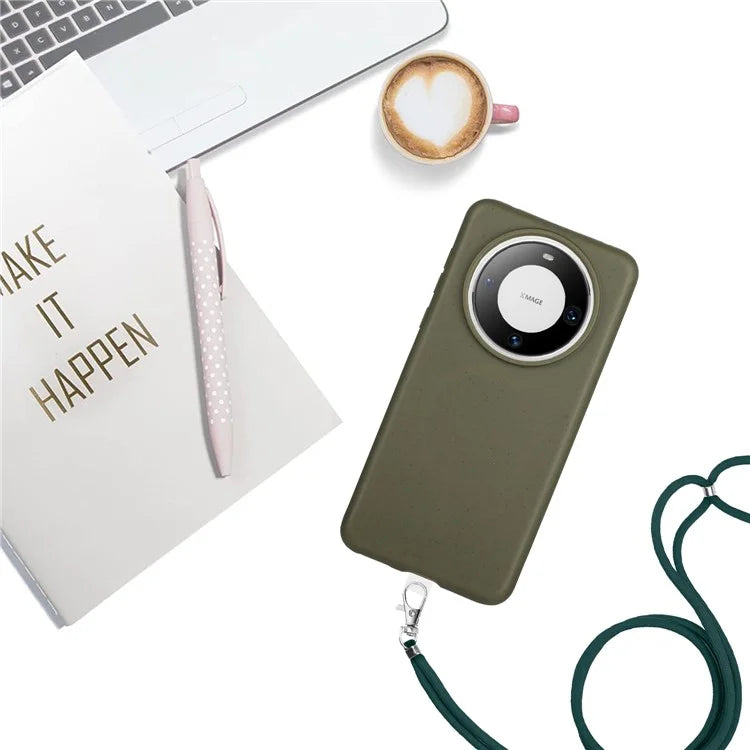 For Huawei Mate 60 Case Biodegradable Wheat Straw+TPU Magnetic Cell Phone Protector with Lanyard