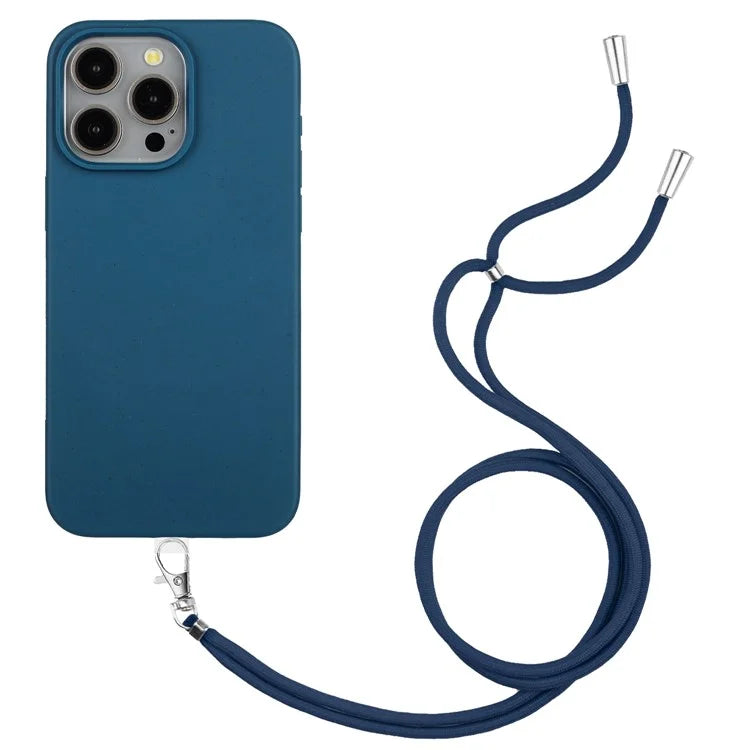 Eco-friendly Wheat Straw+TPU Case for iPhone 13 Pro Max 6.7 inch Phone Cover with Long Rope