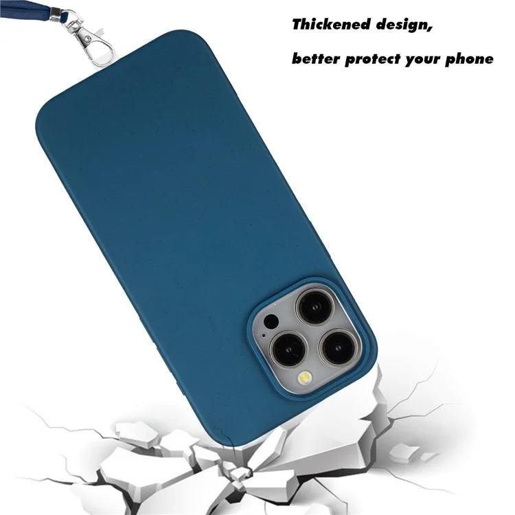 Eco-friendly Wheat Straw+TPU Case for iPhone 13 Pro Max 6.7 inch Phone Cover with Long Rope