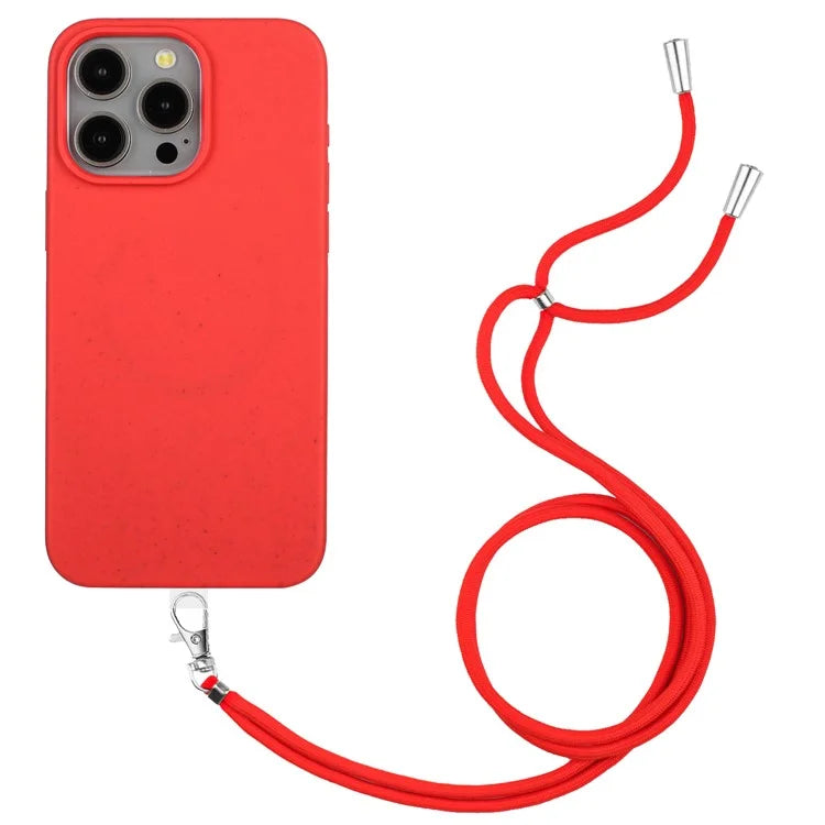 Eco-friendly Wheat Straw+TPU Case for iPhone 13 Pro Max 6.7 inch Phone Cover with Long Rope